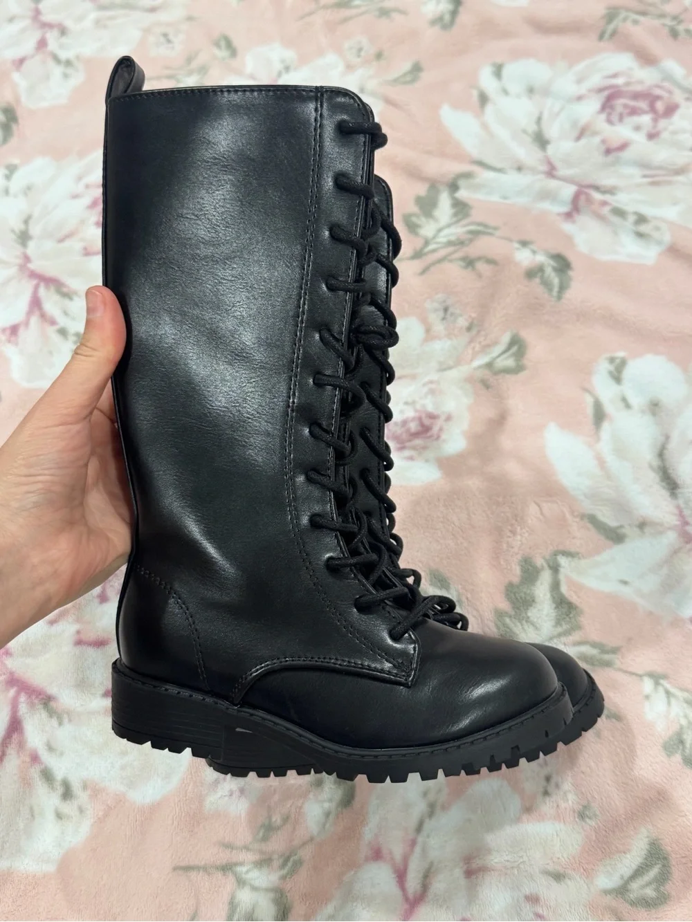Steve Madden Black Lace-Up Combat Knee Boot with Side Zip